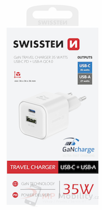 SWISSTEN SÍŤOVÝ ADAPTÉR GaN 1x USB-C 35W PD + 1x USB-A 27W QC BÍLÝ