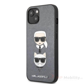 Pouzdro na iPhone 13 mini Karl Lagerfeld and Choupette Saffiano - stříbrné